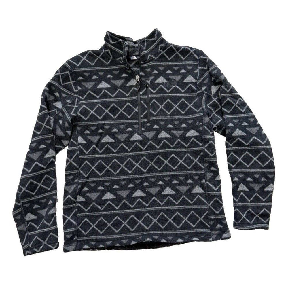 North Face Womens Fleece Pullover Jacket Sz Large Gray Black Aztec Print 1/4 Zip